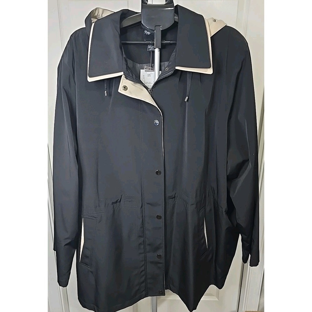 Maggie Barnes Women's 5X Hooded Rain/Trench Coat Black/Cream BNWT